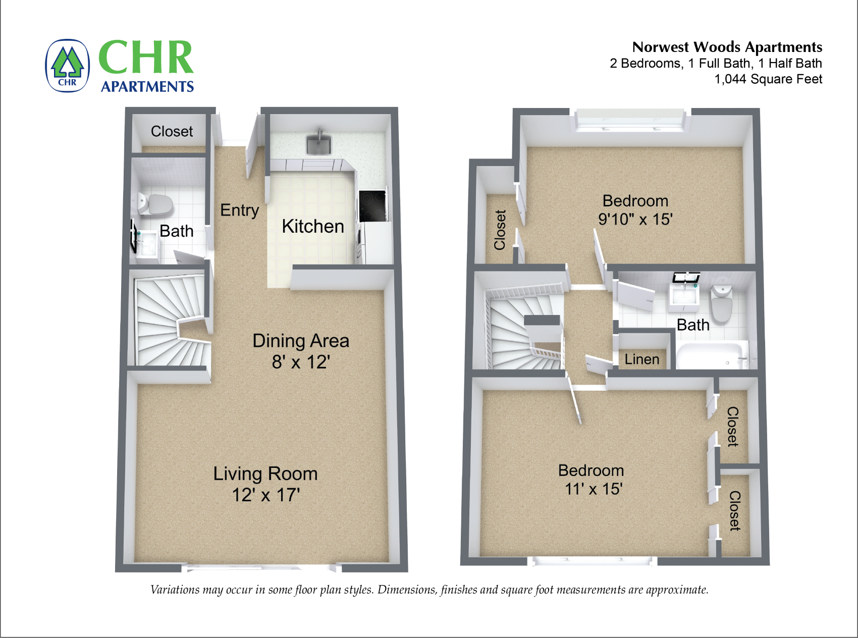 Floor plan for 2 beds, 1.5 baths, 1044 sqft
